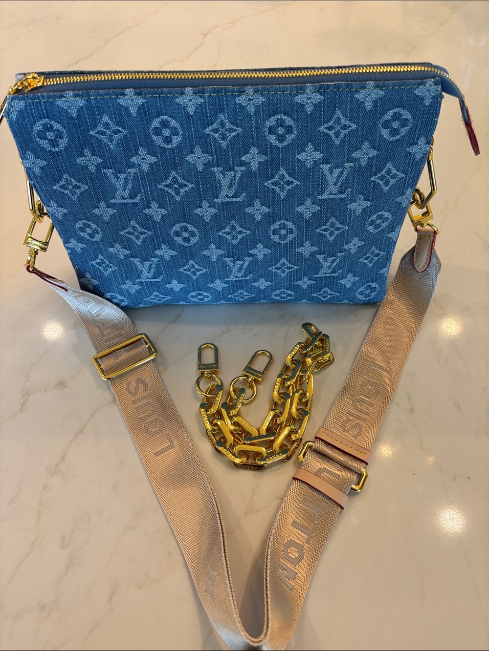 Blue Denim Monogram Pochette with Blush Strap